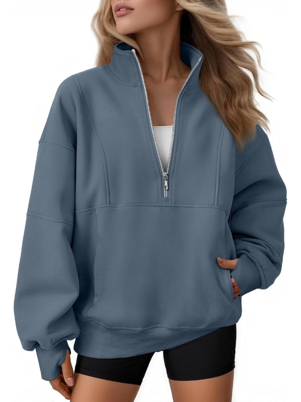〽️Women Grey Blue Quarter Zip Oversized Fleece Mock Neck Pullover Hoodie Jacket